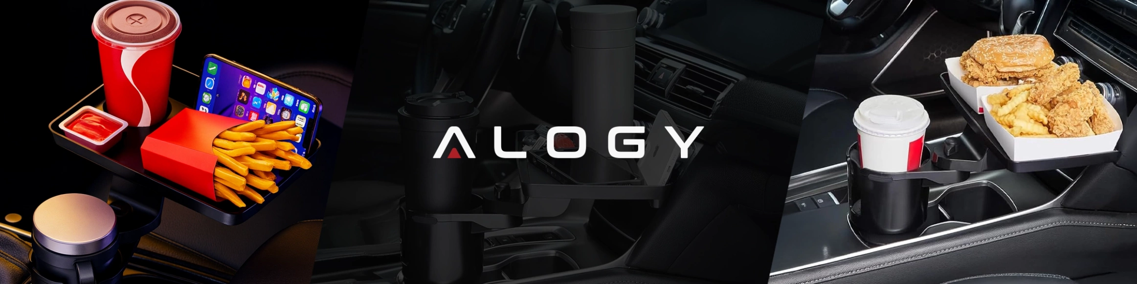 Obraz przedstawia uchwyt na kubek i butelkę z obrotowym stolikiem, na którym znajdują się frytki, napój i telefon. Na środku widoczne jest logo \'ALOGY\'.