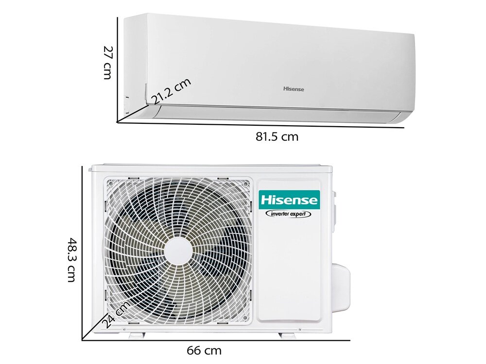 Obraz przedstawia dwa elementy klimatyzatora: jednostkę wewnętrzną i zewnętrzną. Na jednostce zewnętrznej widoczne jest logo \'Hisense inverter expert\' oraz wymiary obu elementów.