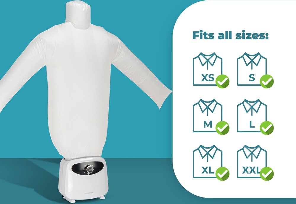Na obrazie widoczna jest parownica do ubrań w kształcie manekina z rozłożonymi rękawami. Obok znajduje się tekst \'Fits all sizes:\' oraz ikony koszul z oznaczeniami rozmiarów XS, S, M, L, XL, XXL z zielonymi znaczkami potwierdzenia.