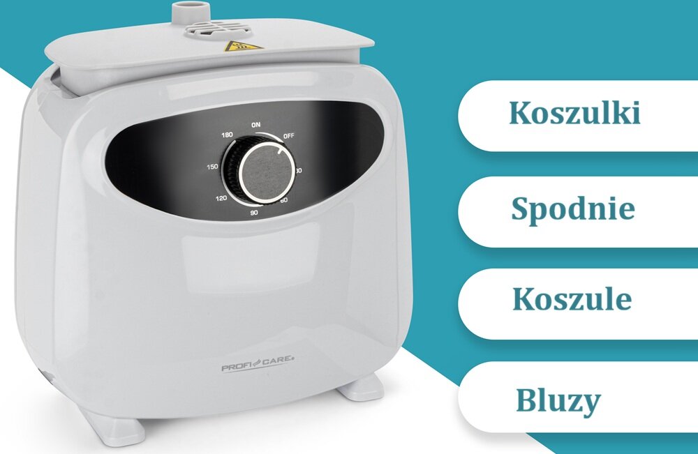 Na obrazie widoczna jest parownica do ubrań z pokrętłem oznaczonym wartościami temperatury i napisami ON oraz OFF. Obok znajdują się napisy: Koszulki, Spodnie, Koszule, Bluzy.