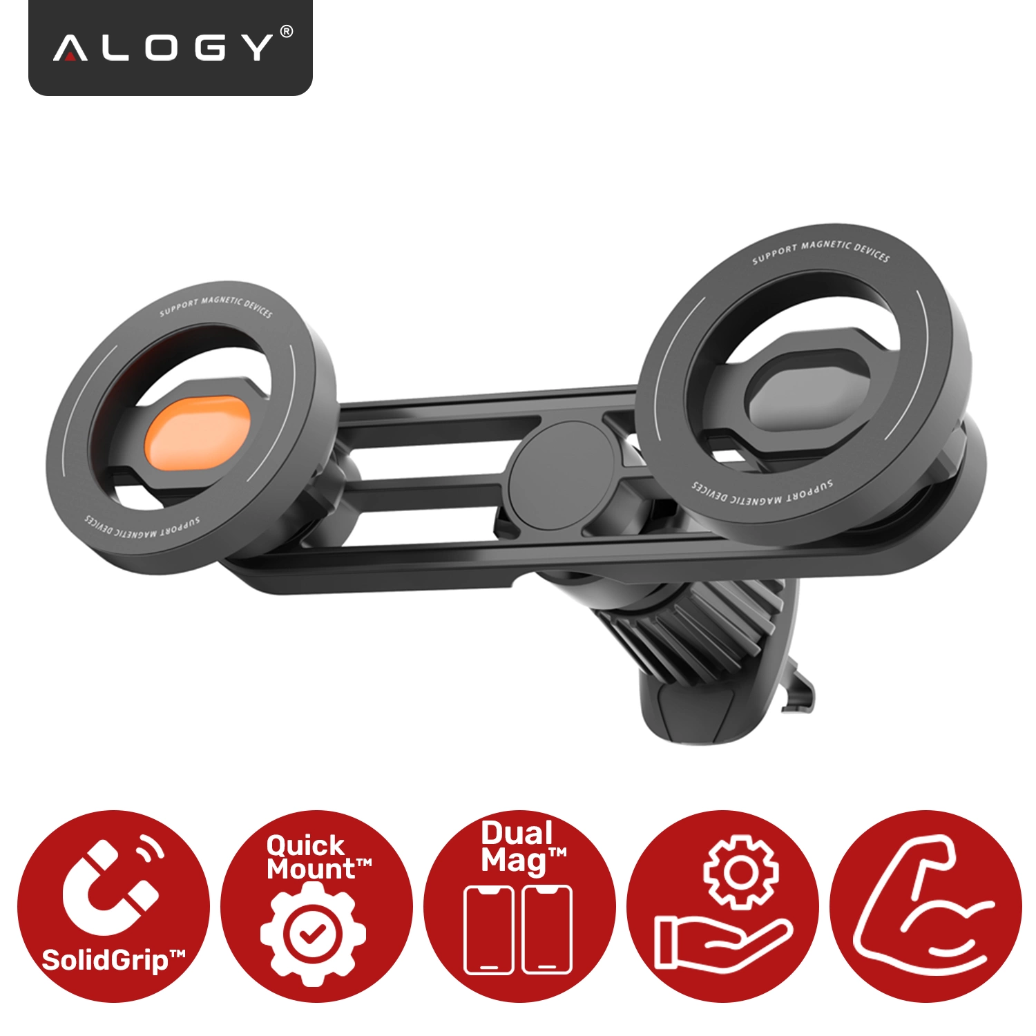Czarny uchwyt samochodowy magnetyczny na telefon z dwoma okrągłymi mocowaniami, przeznaczony do kratki wentylacyjnej. Na dole widoczne są czerwone ikony z napisami: SolidGrip™, Quick Mount™, Dual Mag™.