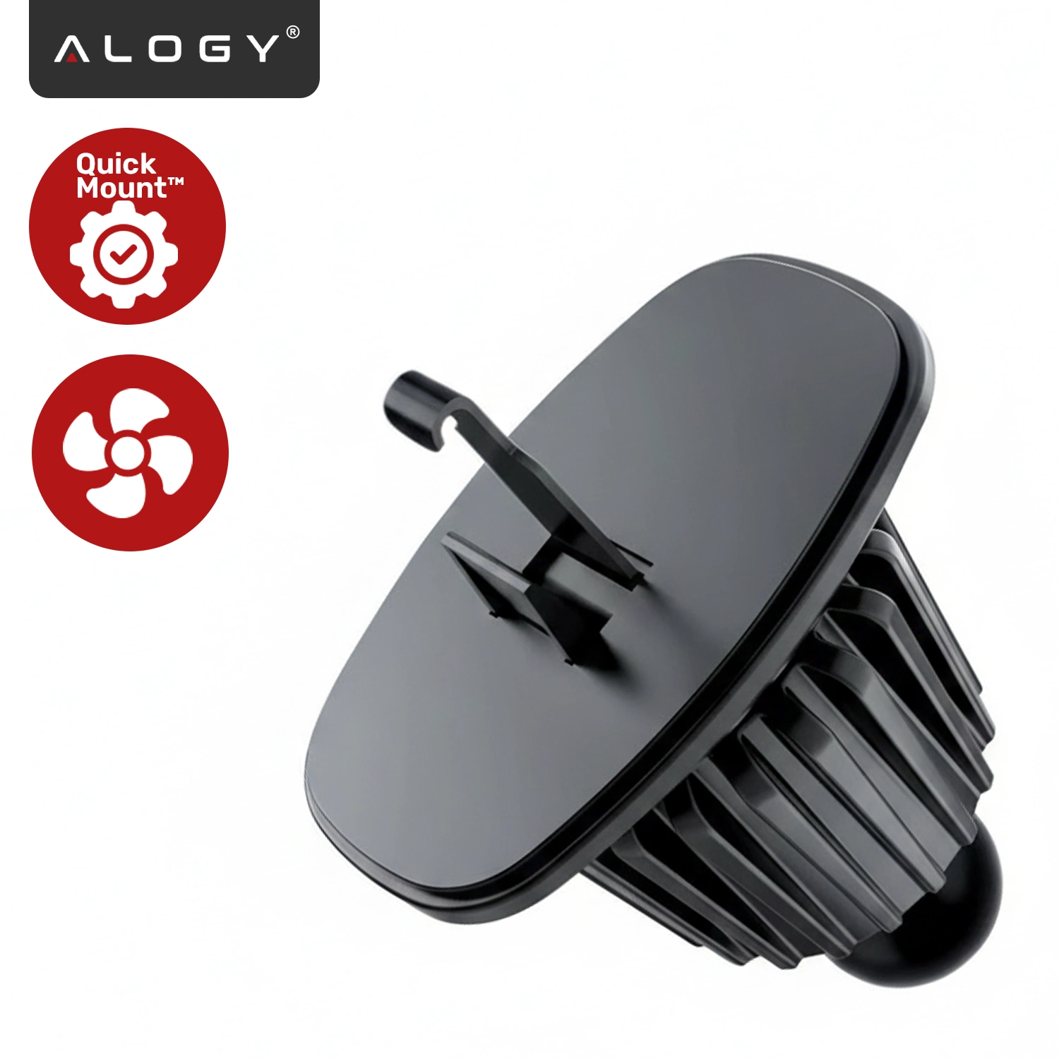 Czarny uchwyt samochodowy magnetyczny do kratki wentylacyjnej z logo \'ALOGY\'. Obok znajdują się dwa czerwone symbole: \'Quick Mount™\' i ikona wentylatora.