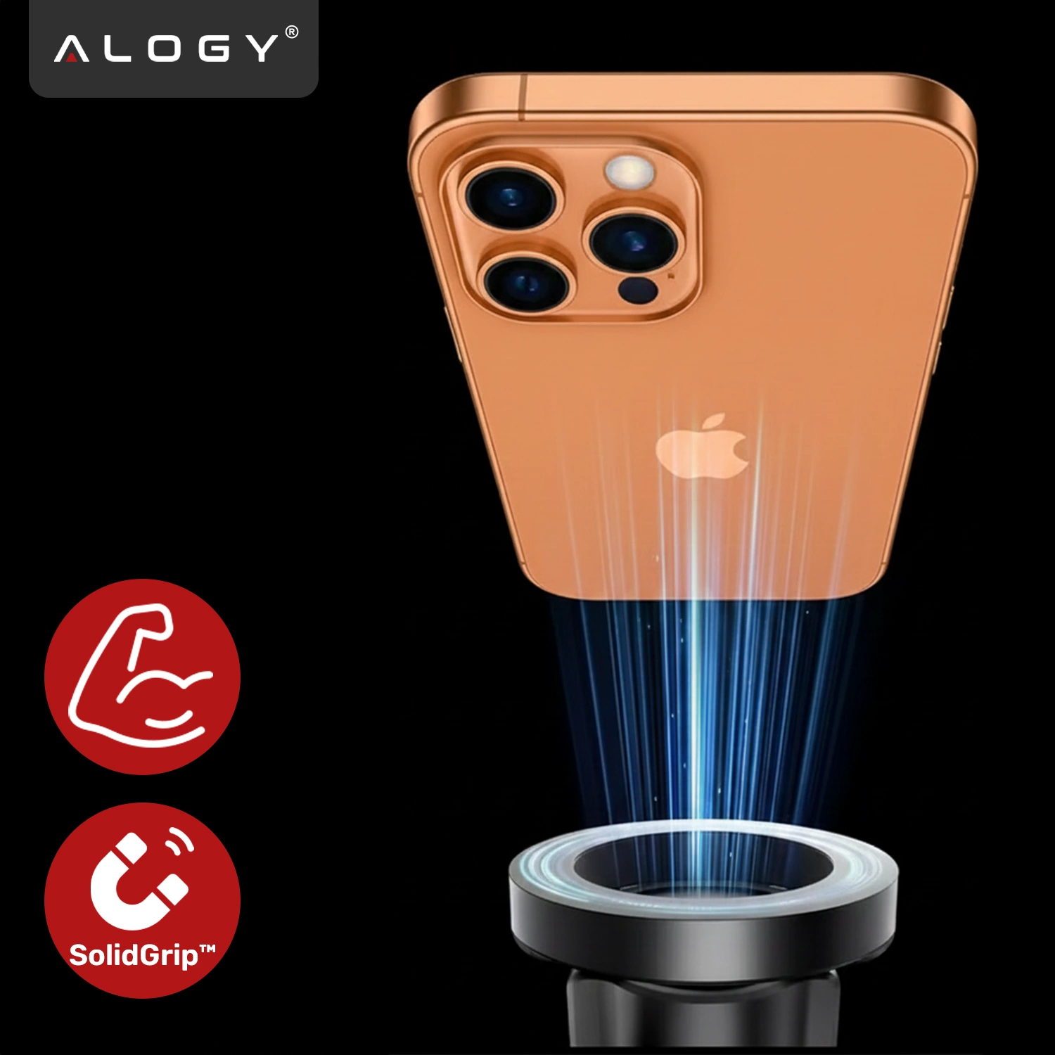 Na czarnym tle widoczny jest złoty telefon z logo jabłka, unoszący się nad magnetycznym uchwytem. Obok znajdują się czerwone ikony z symbolami mięśnia i magnesu oraz napisem \'SolidGrip™\'.