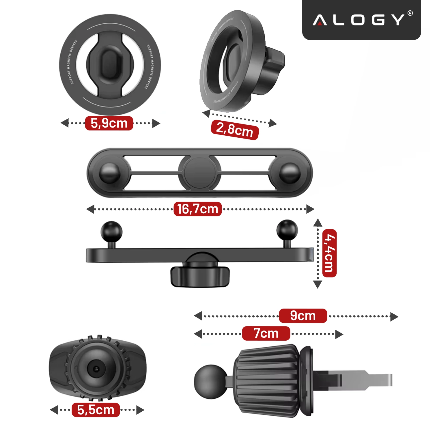 Obraz przedstawia czarny uchwyt samochodowy magnetyczny na telefon z różnymi elementami i wymiarami: 5,9 cm, 2,8 cm, 16,7 cm, 4,4 cm, 5,5 cm, 9 cm, 7 cm. W prawym górnym rogu widoczne jest logo \'ALOGY\'.