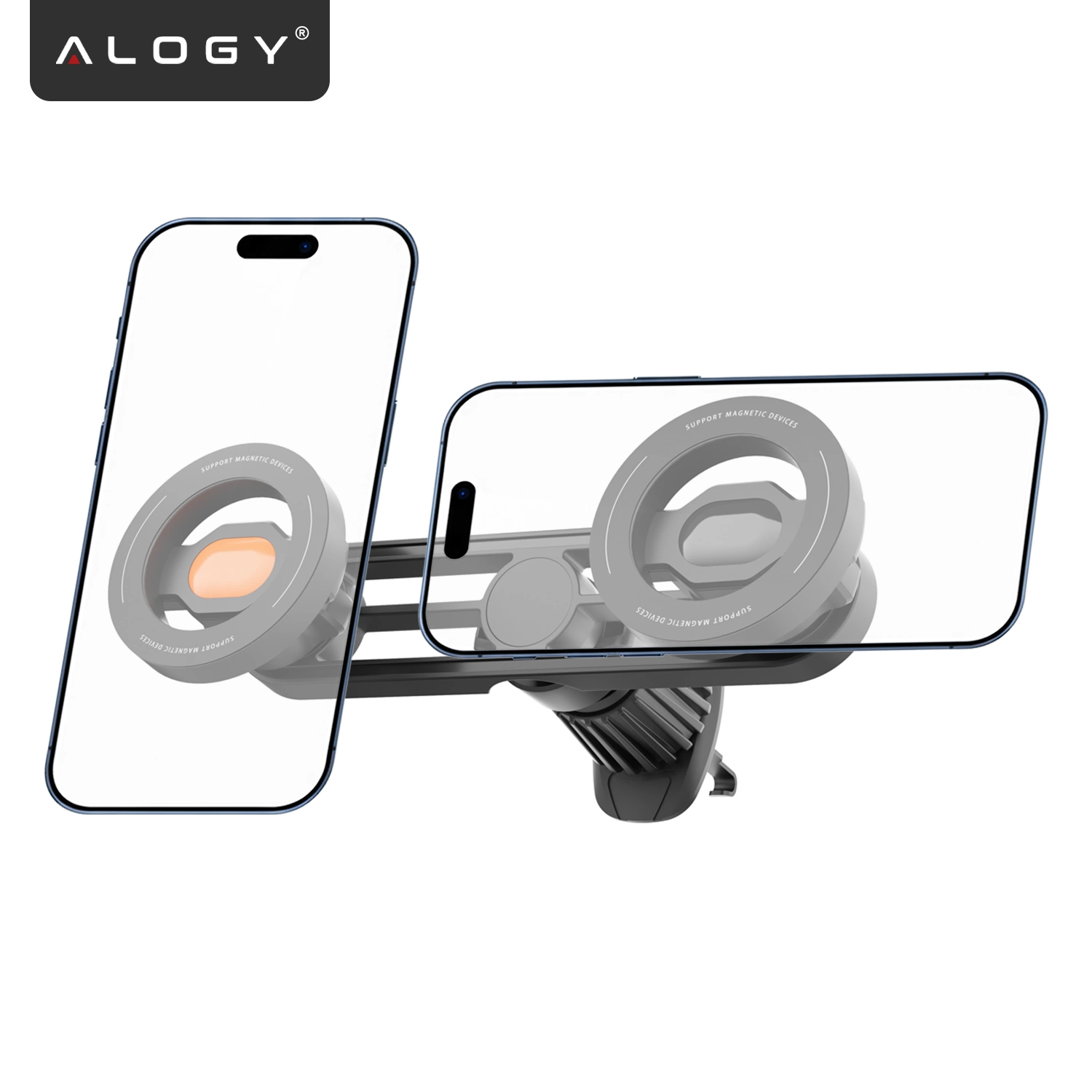 Obraz przedstawia czarny uchwyt samochodowy magnetyczny na telefon, przeznaczony do kratki wentylacyjnej, z możliwością zamocowania dwóch telefonów. Widoczne jest logo \'ALOGY\' w lewym górnym rogu.