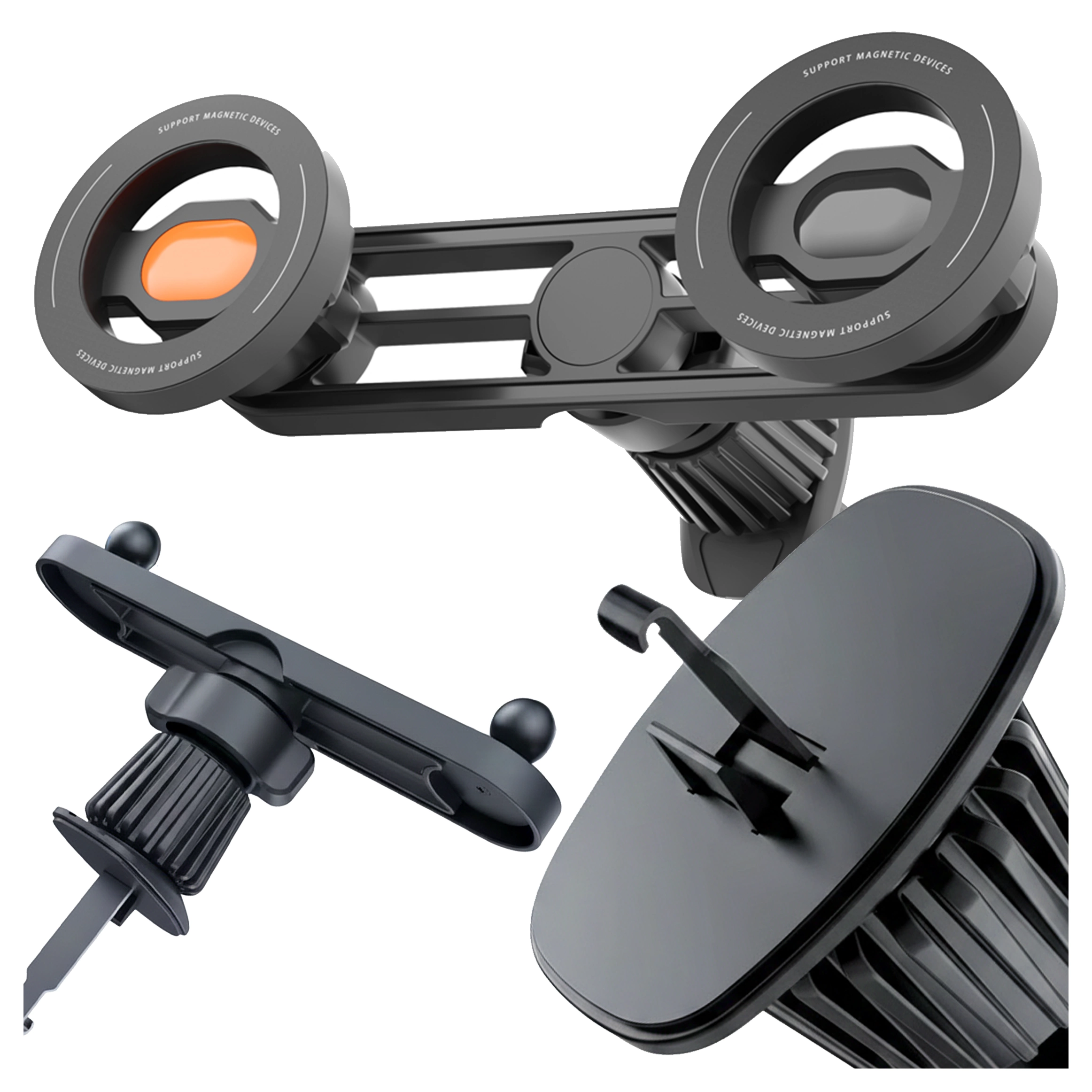 Czarny uchwyt samochodowy magnetyczny na telefon z podwójnym mocowaniem do kratki wentylacyjnej. Na uchwycie widoczny jest napis \'SUPPORT MAGNETIC DEVICES\'.