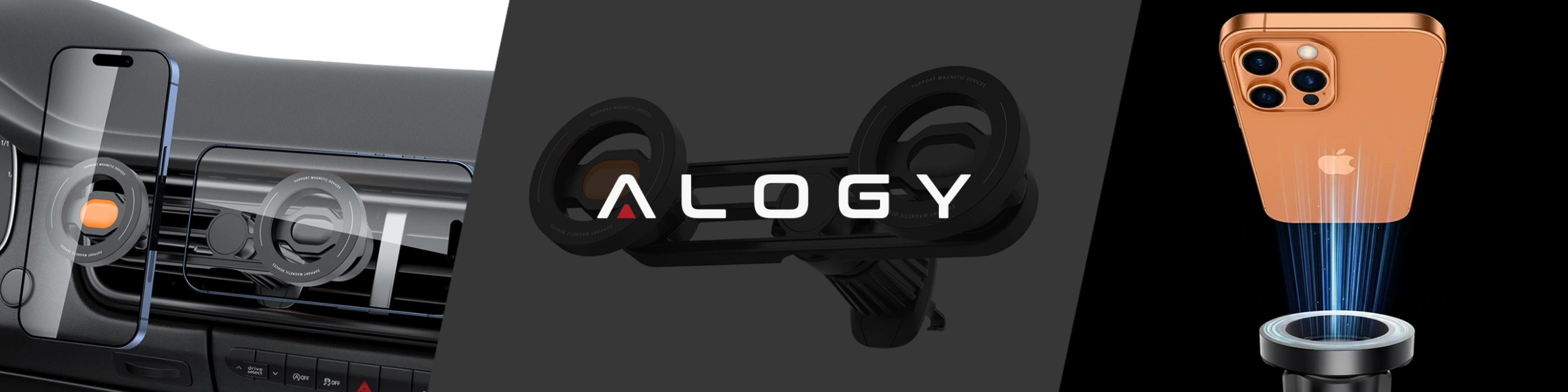Obraz przedstawia magnetyczny uchwyt samochodowy na telefon zamontowany na kratce wentylacyjnej, z dwoma miejscami na telefony. Na środku widoczne jest logo \'ALOGY\'.