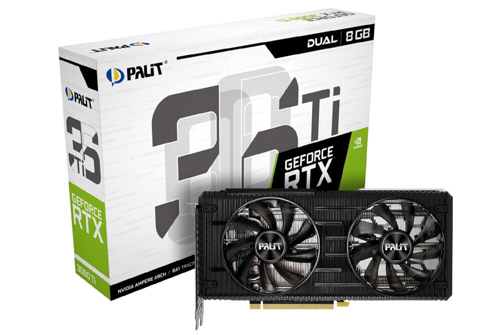 Na obrazie znajduje się karta graficzna z dwoma wentylatorami oraz pudełko z napisem \'PALIT GeForce RTX 3060 Ti Dual 8GB\'.