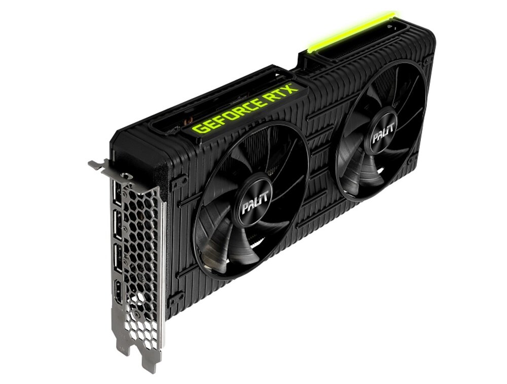 Karta graficzna z dwoma dużymi wentylatorami, na której widnieje napis \'GEFORCE RTX\' oraz logo \'PALIT\'.
