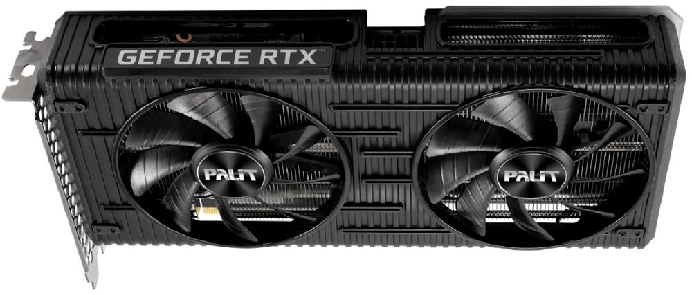 Na obrazie widoczna jest karta graficzna z dwoma dużymi wentylatorami, na których znajduje się napis \'PALIT\'. Na obudowie karty widoczny jest napis \'GEFORCE RTX\'.