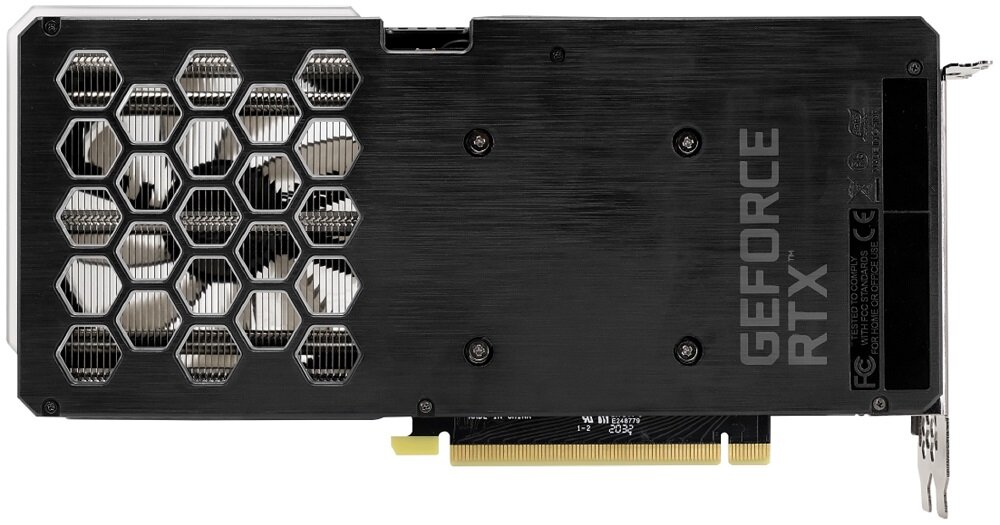 Obraz przedstawia tylną część karty graficznej z metalowym panelem i sześciokątnymi otworami wentylacyjnymi. Na panelu widoczny jest napis \'GEFORCE RTX\'.