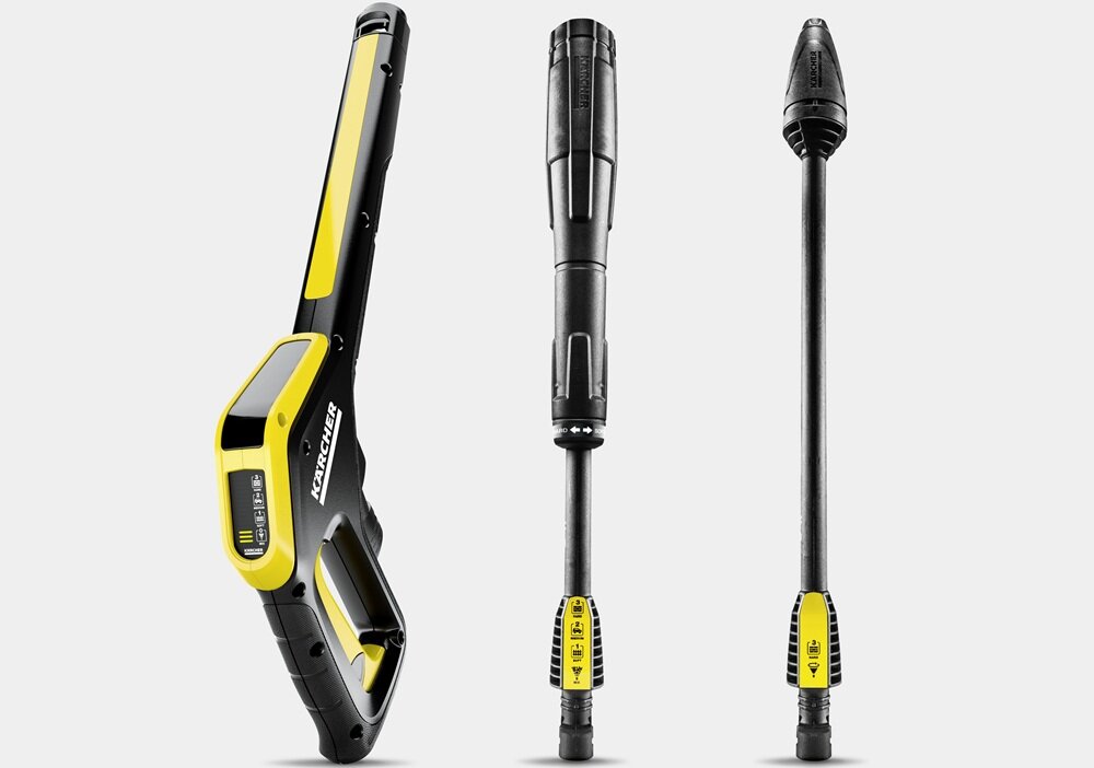 Na obrazie widoczne są trzy elementy myjki ciśnieniowej w kolorach czarnym i żółtym, z widocznym logo \'KARCHER\'.