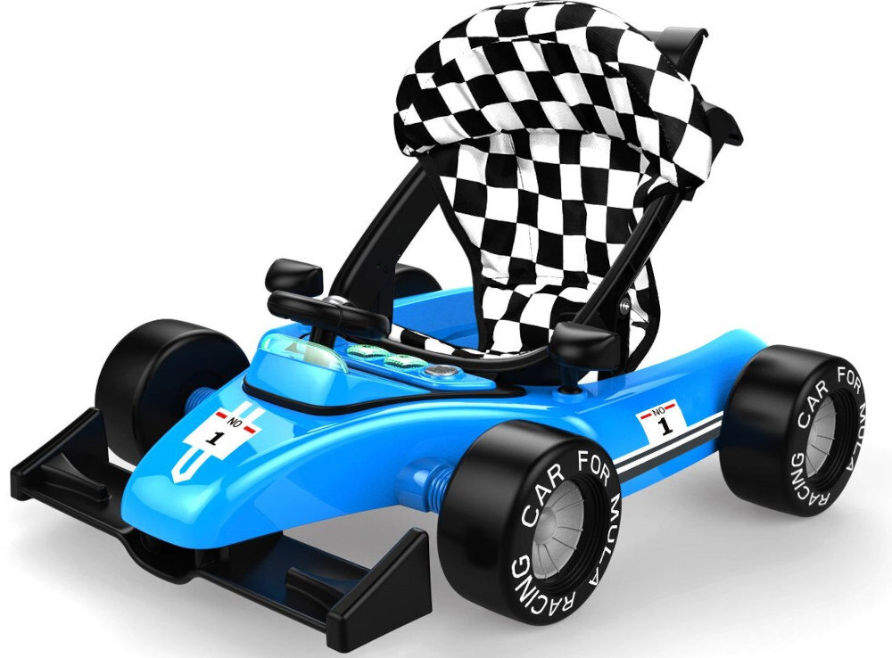 Na obrazie widoczny jest niebieski chodzik w kształcie samochodu wyścigowego z czarno-białym wzorem szachownicy na siedzeniu. Na oponach widnieje napis \'CAR FOR MULTI RACING\'.
