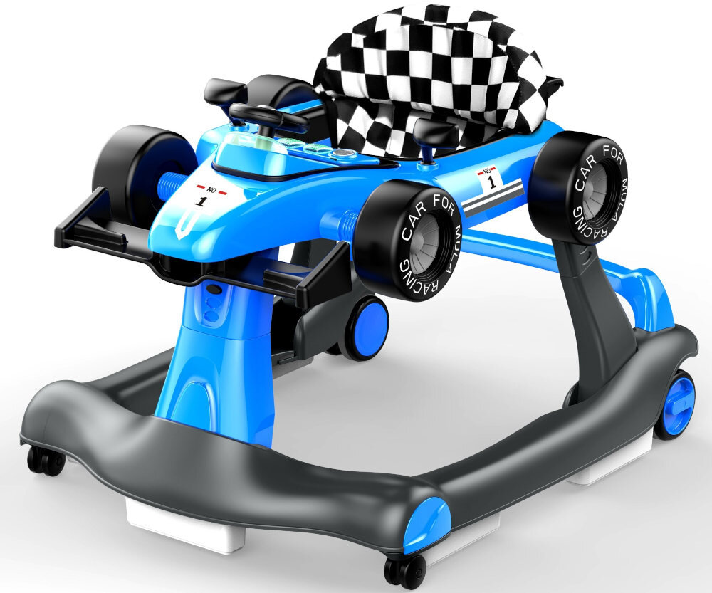 Chodzik w kształcie samochodu wyścigowego w kolorze niebieskim z czarno-białym wzorem na siedzeniu. Na oponach widoczny jest napis \'CAR FORMULA RACING\'.