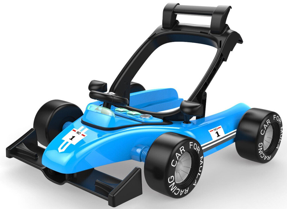 Na obrazie widoczny jest niebieski chodzik w kształcie samochodu wyścigowego z czterema dużymi kołami. Na przodzie znajduje się numer \'1\' oraz napis \'CAR FOR MULTI RACING\' na oponach.