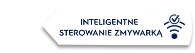 Biała strzałka z tekstem \'INTELIGENTNE STEROWANIE ZMYWARKĄ\' oraz ikoną przedstawiającą sygnał bezprzewodowy i symbol zaznaczenia.