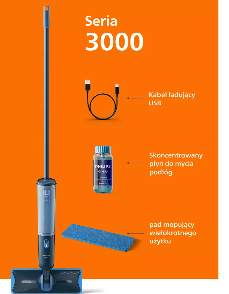 Obraz przedstawia mop elektryczny z serii 3000 marki PHILIPS, kabel ładujący USB, skoncentrowany płyn do mycia podłóg oraz pad mopujący wielokrotnego użytku na pomarańczowym tle.