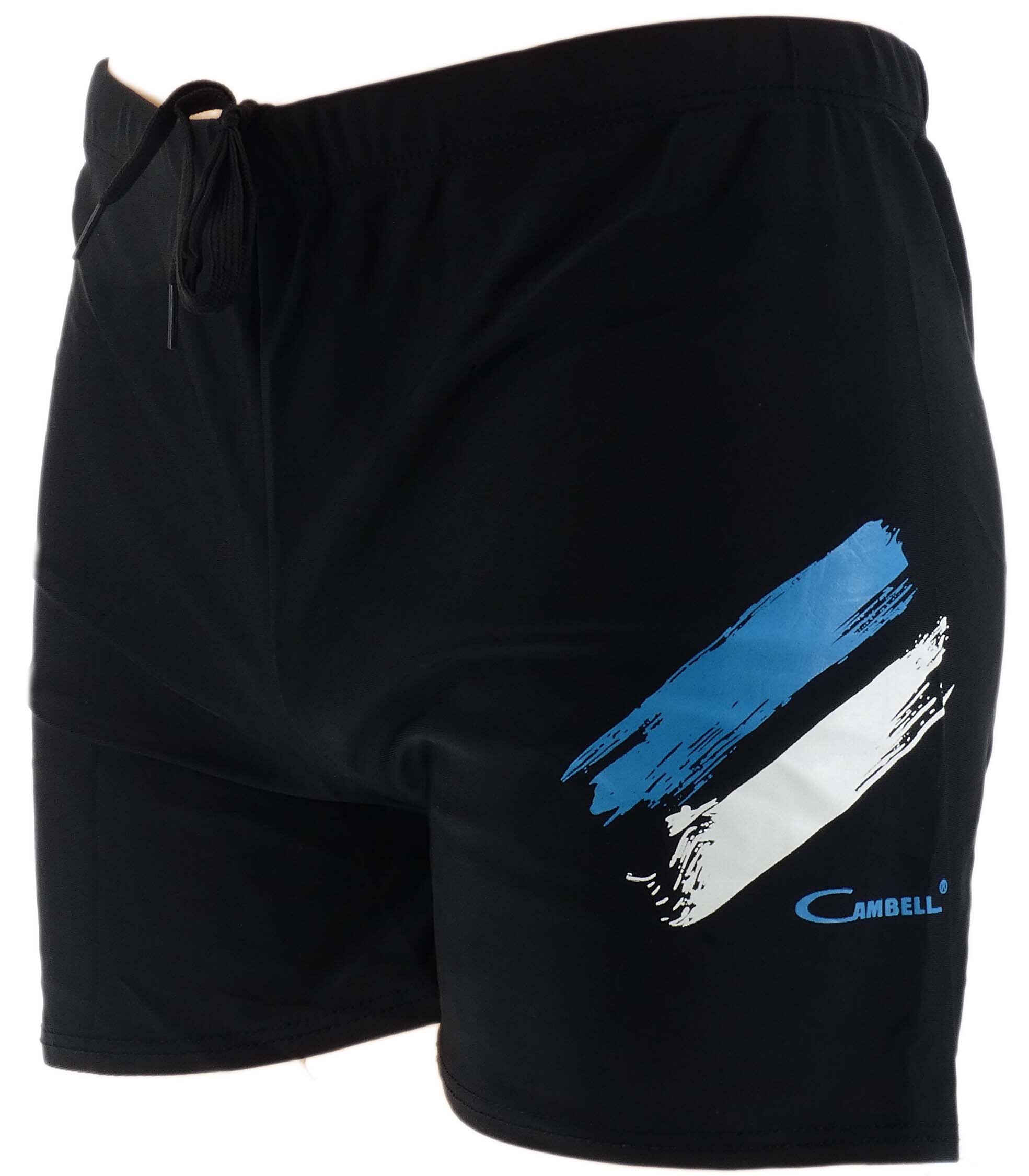Czarne spodenki z niebiesko-białym wzorem pędzla i logo \'Cambell\' w dolnej części. Posiadają sznurek do regulacji w pasie.