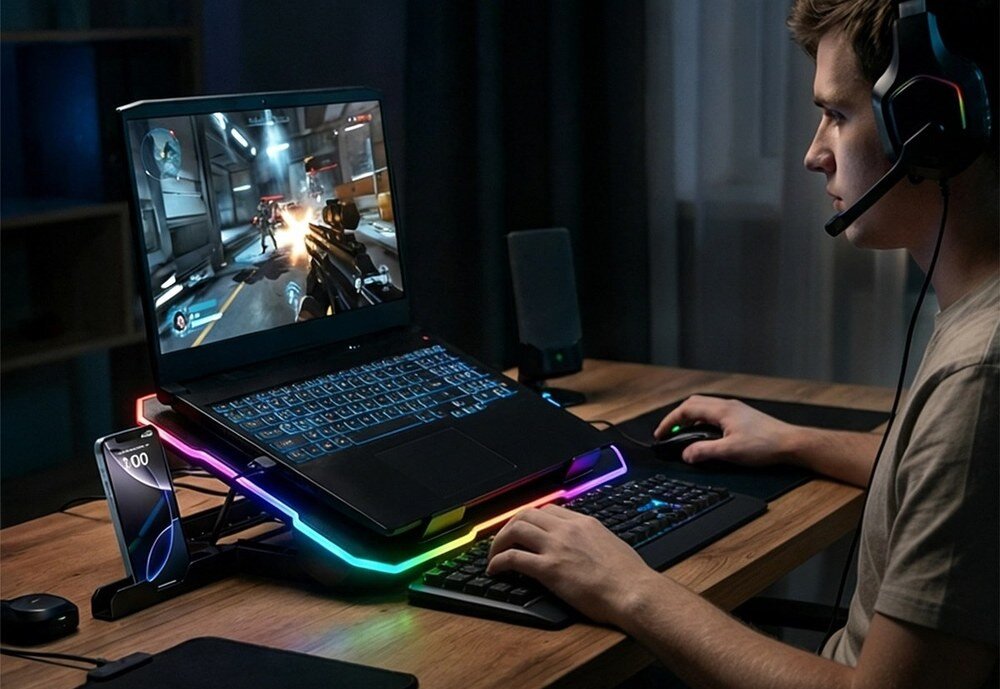 Osoba siedzi przy biurku, grając na laptopie umieszczonym na podstawce chłodzącej z podświetleniem RGB. Obok laptopa znajduje się smartfon z wyświetlonym poziomem naładowania baterii 100%.