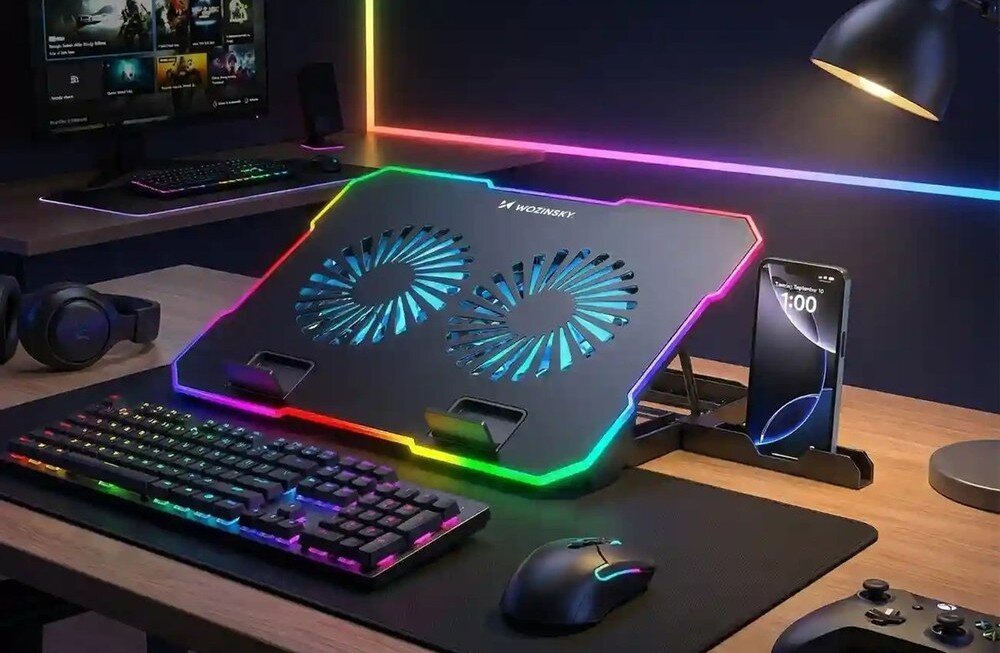 Na biurku znajduje się podstawka chłodząca z dwoma wentylatorami i podświetleniem RGB, obok której stoi telefon. Na podstawce widoczne jest logo \'WOZINSKY\'.