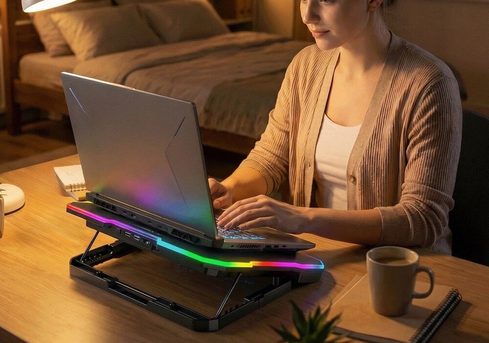 Osoba pracuje na laptopie umieszczonym na podstawce chłodzącej z podświetleniem RGB. Na biurku znajduje się kubek i notatnik, a w tle widać łóżko.