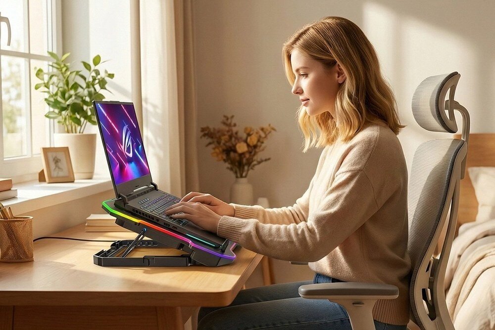 Osoba siedzi przy biurku, używając laptopa umieszczonego na podstawce chłodzącej z podświetleniem RGB. W tle widać jasne wnętrze z oknem i dekoracjami.