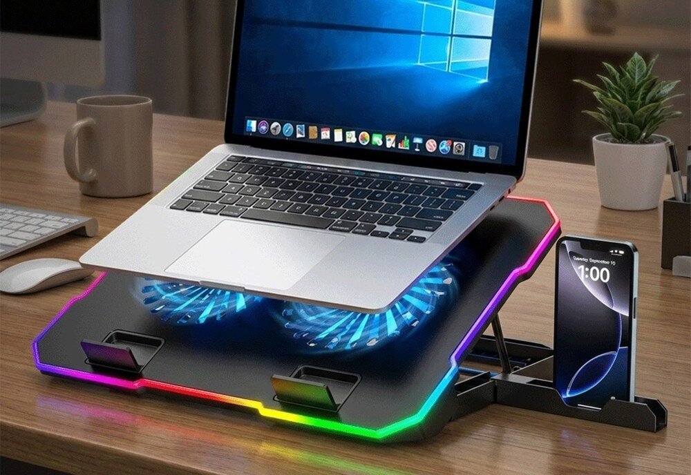Na biurku znajduje się laptop umieszczony na podstawce chłodzącej z podświetleniem RGB. Obok podstawki stoi smartfon z wyświetlonym czasem 1:00.