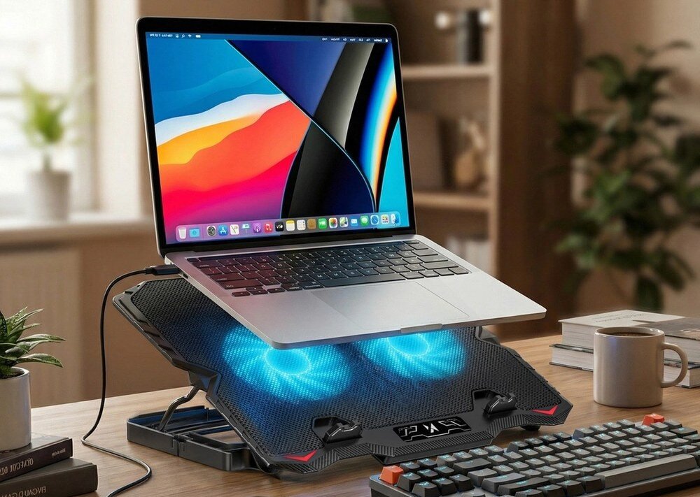 Na biurku znajduje się laptop umieszczony na podstawce chłodzącej z dwoma niebieskimi wentylatorami. W tle widoczne są książki na półce i kubek na biurku.