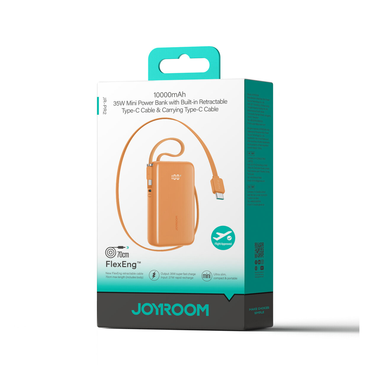 Opakowanie powerbanku o pojemności 10000mAh z wbudowanym kablem USB-C, w kolorze pomarańczowym. Widoczne logo \'JOYROOM\' oraz tekst \'35W Mini Power Bank with Built-in Retractable Type-C Cable & Carrying Type-C Cable\'.