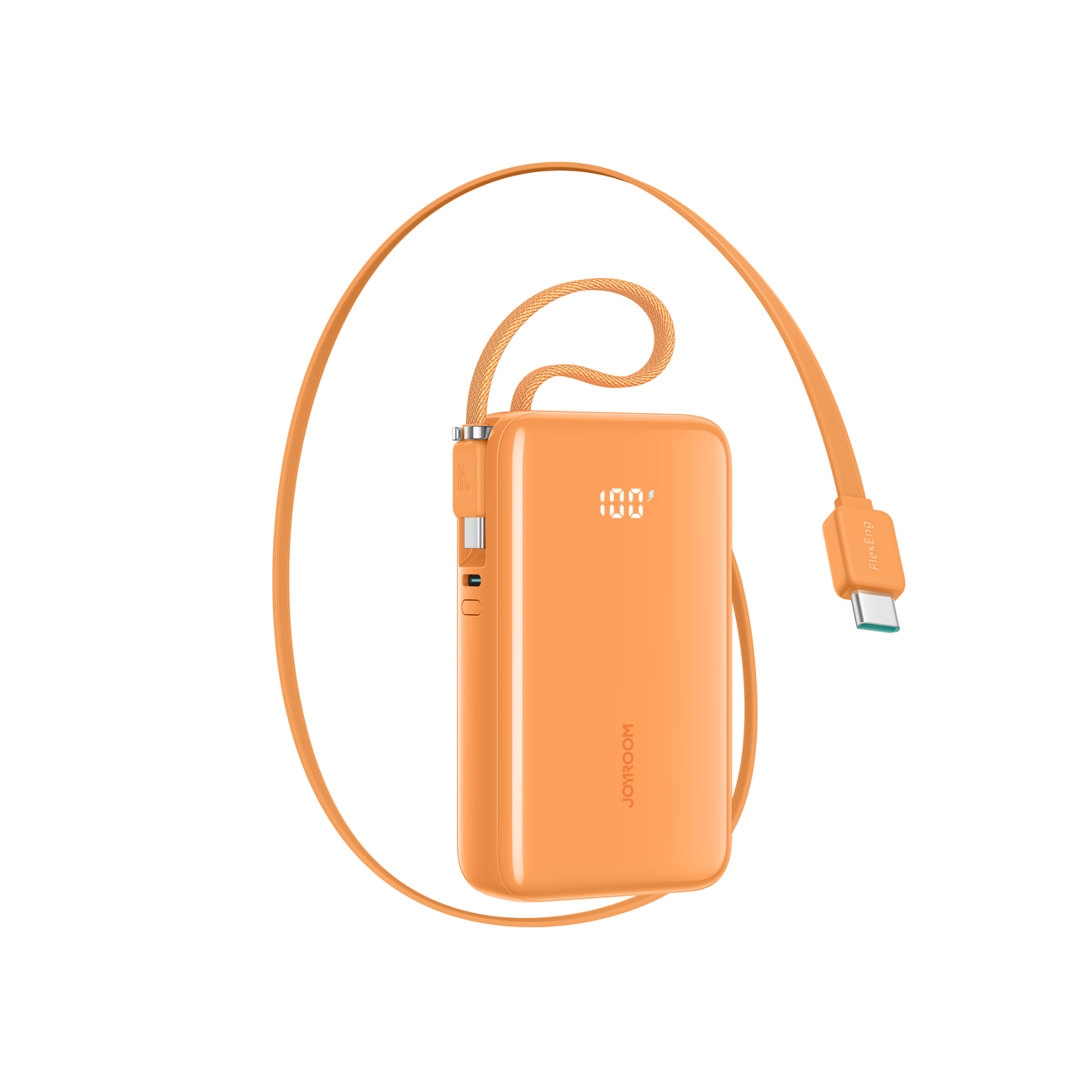 Pomarańczowy powerbank z wyświetlaczem LED pokazującym \'100\' i wbudowanymi dwoma kablami USB-C. Na obudowie widoczne jest logo \'JOYROOM\'.