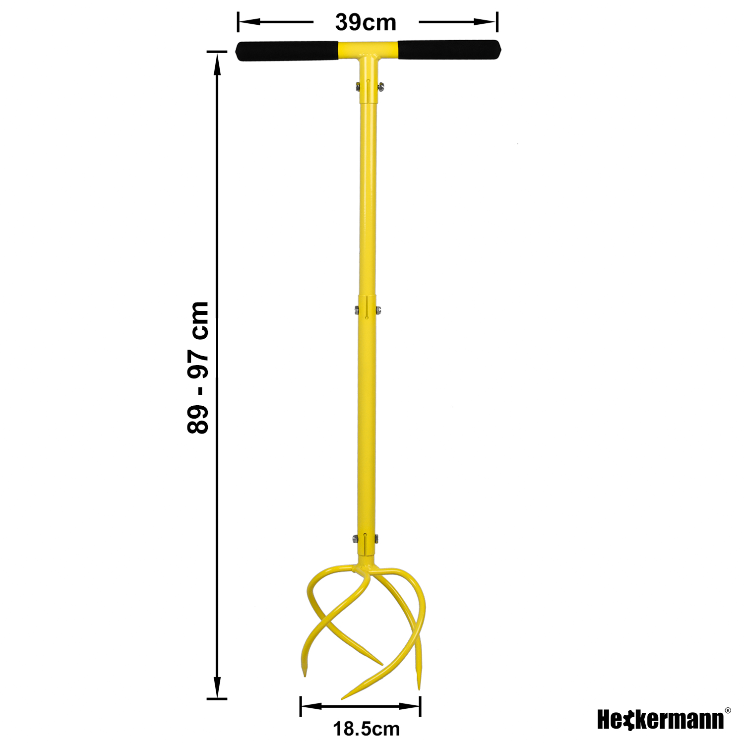 Na obrazie widoczny jest żółty kultywator ręczny z czarnymi uchwytami, o regulowanej wysokości od 89 do 97 cm i szerokości 39 cm. Na dole znajduje się logo \'Heckermann\'.