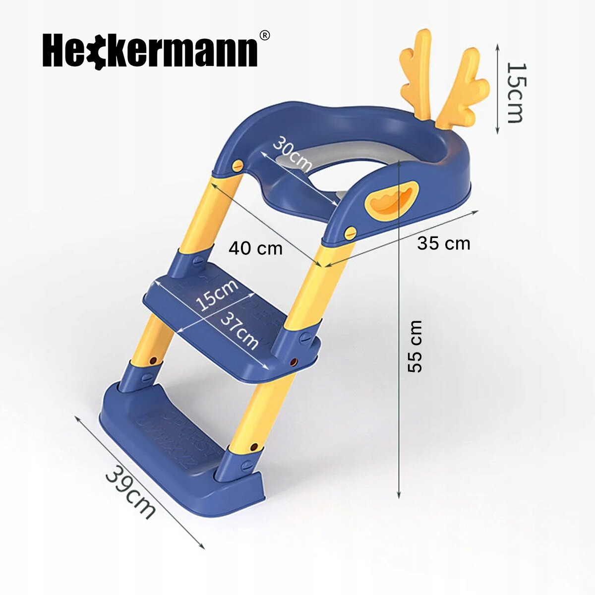 Na obrazku widoczna jest niebiesko-żółta nakładka na sedes z dwoma stopniami, oznaczona wymiarami: 30 cm, 40 cm, 35 cm, 15 cm, 37 cm, 55 cm, 39 cm. W lewym górnym rogu znajduje się logo \'Heckermann\'.