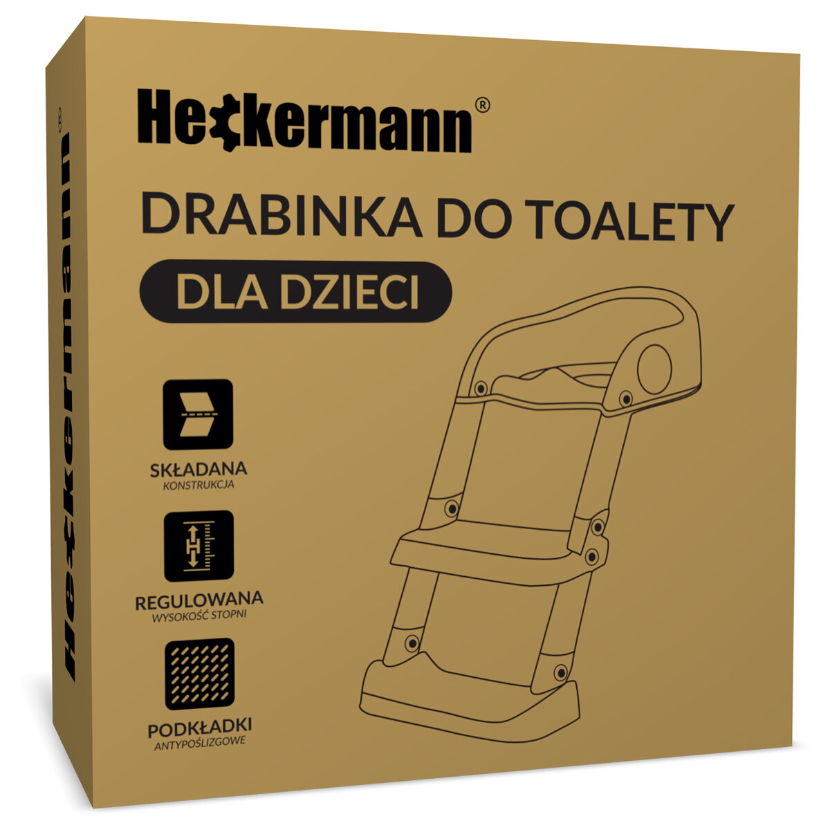 Opakowanie produktu Heckermann z napisem \'DRABINKA DO TOALETY DLA DZIECI\'. Widoczne są ikony z opisami: \'SKŁADANA KONSTRUKCJA\', \'REGULOWANA WYSOKOŚĆ STOPNI\', \'PODKŁADKI ANTYPOŚLIZGOWE\'.