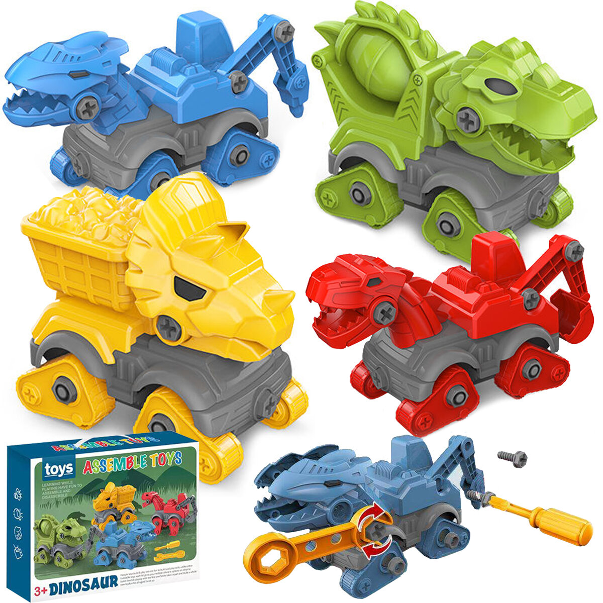 Na obrazie widoczne są cztery kolorowe zabawki w kształcie dinozaurów, które można skręcać, oraz pudełko z napisem \'Assemble Toys\'. Zabawki mają różne kolory: niebieski, zielony, żółty i czerwony, a obok znajduje się śrubokręt i śruby.