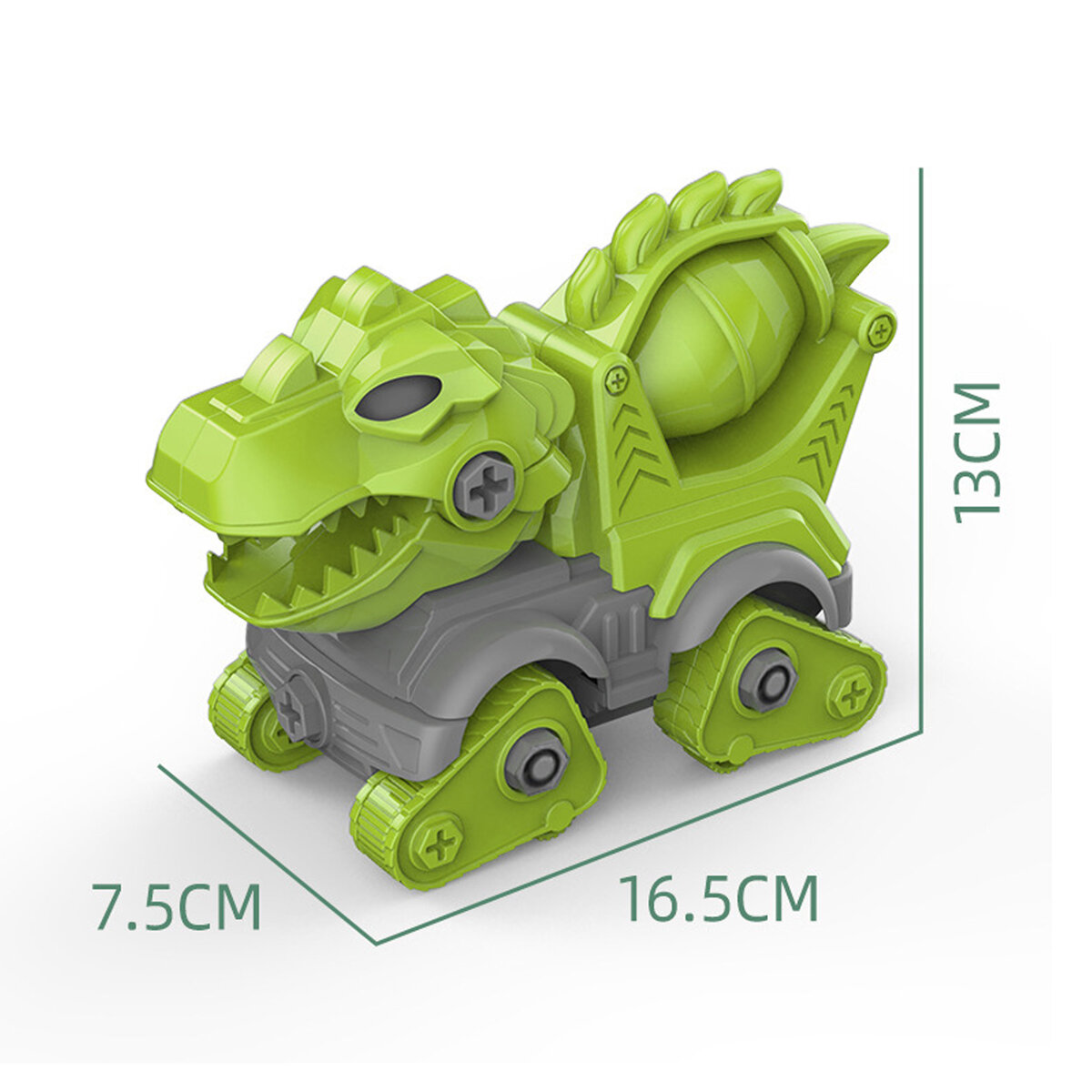 Zielona zabawka w kształcie dinozaura z kółkami, o wymiarach 16.5 cm długości, 13 cm wysokości i 7.5 cm szerokości. Zabawka posiada widoczne śruby i detale przypominające mechaniczne elementy.