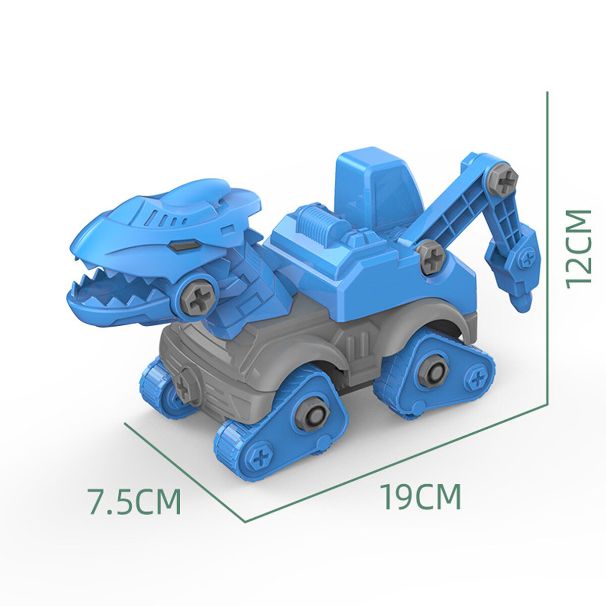 Plastikowa zabawka w kształcie dinozaura z elementami do skręcania, w kolorach niebieskim i szarym. Wymiary zabawki to 7.5 cm x 19 cm x 12 cm.