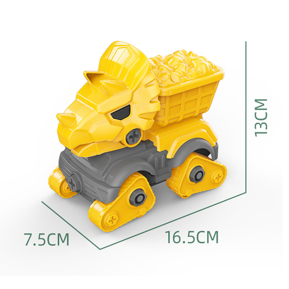Zabawka w kształcie dinozaura z elementami do skręcania, w kolorach żółtym i szarym, z wymiarami 16.5 cm długości, 13 cm wysokości i 7.5 cm szerokości.