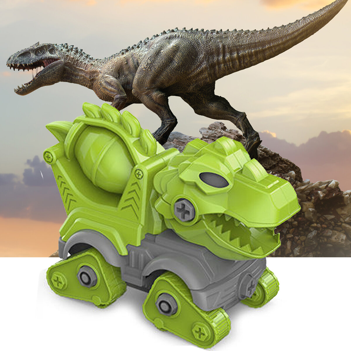 Na pierwszym planie znajduje się zielono-szara zabawka w kształcie dinozaura z widocznymi śrubami do skręcania. W tle widać realistyczny obraz dinozaura na skalistym terenie przy zachodzie słońca.