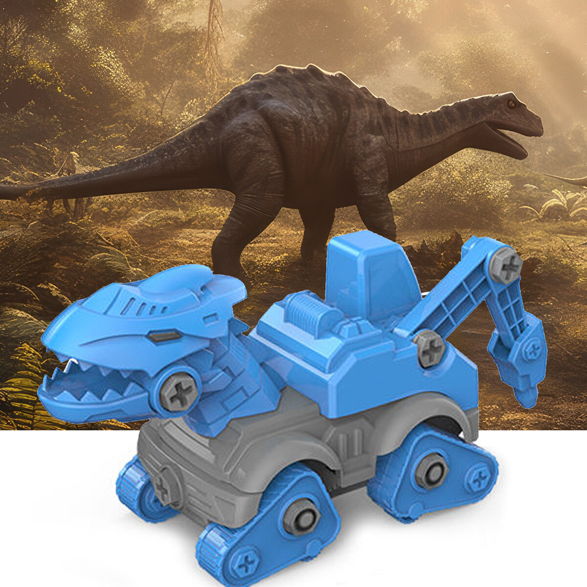 Na pierwszym planie znajduje się niebiesko-szara zabawka w kształcie dinozaura z ruchomymi elementami. W tle widoczny jest realistyczny obraz dużego dinozaura w naturalnym środowisku.