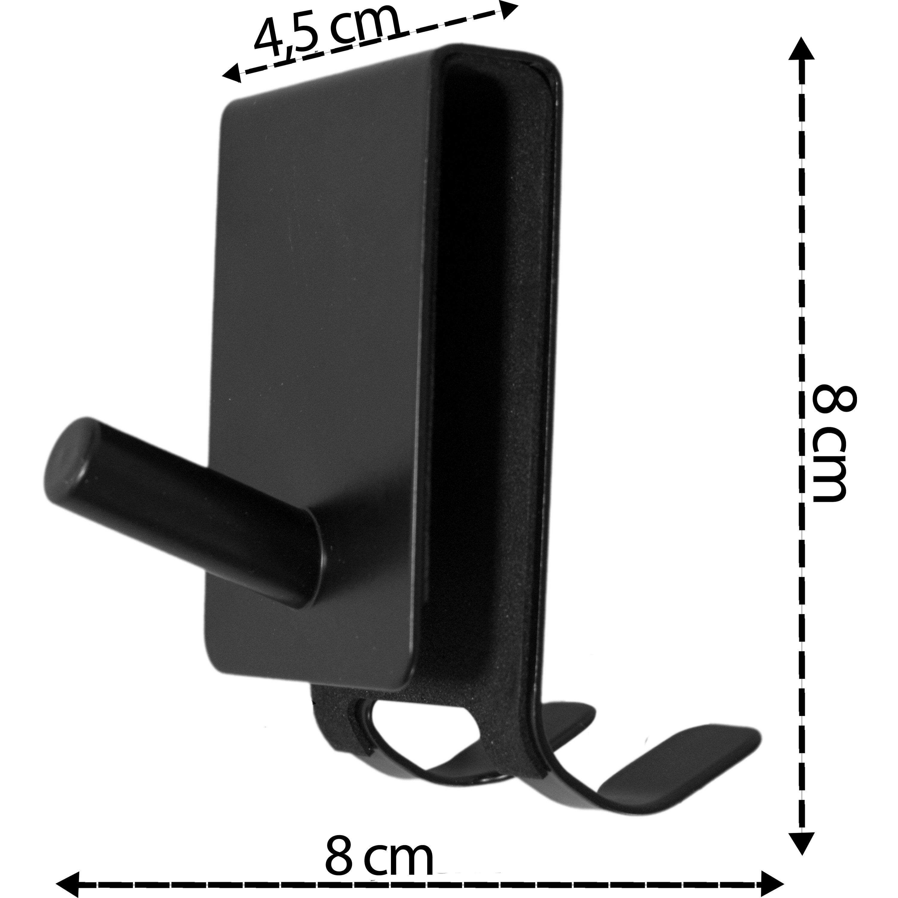 Czarny, metalowy wieszak na kabinę prysznicową z dwustronnym haczykiem. Wymiary: 8 cm wysokości, 8 cm szerokości, 4,5 cm głębokości.