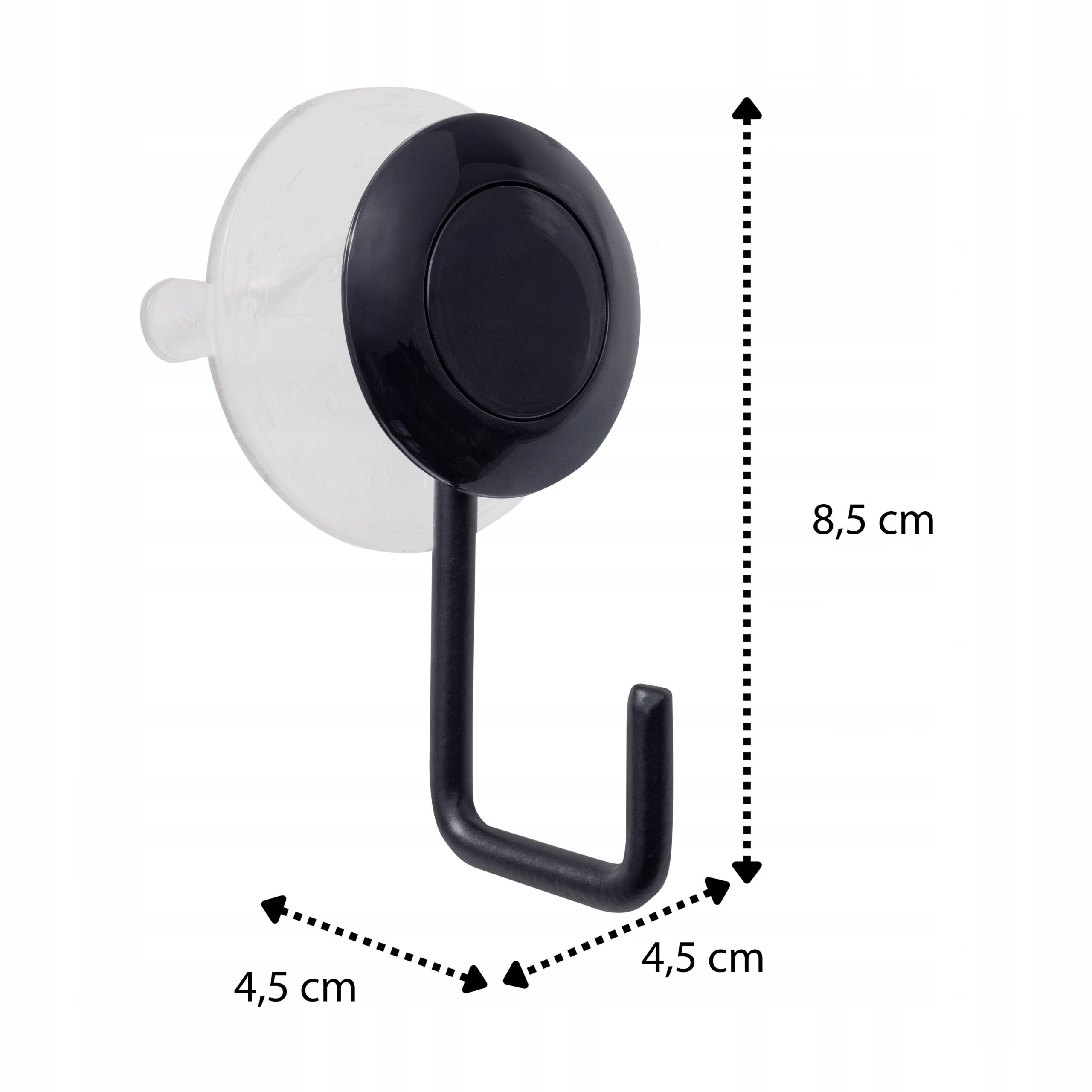 Czarny haczyk z przyssawką do szyb, z wymiarami 8,5 cm wysokości i 4,5 cm szerokości. Przyssawka jest przezroczysta, a haczyk ma prosty, zakrzywiony kształt.