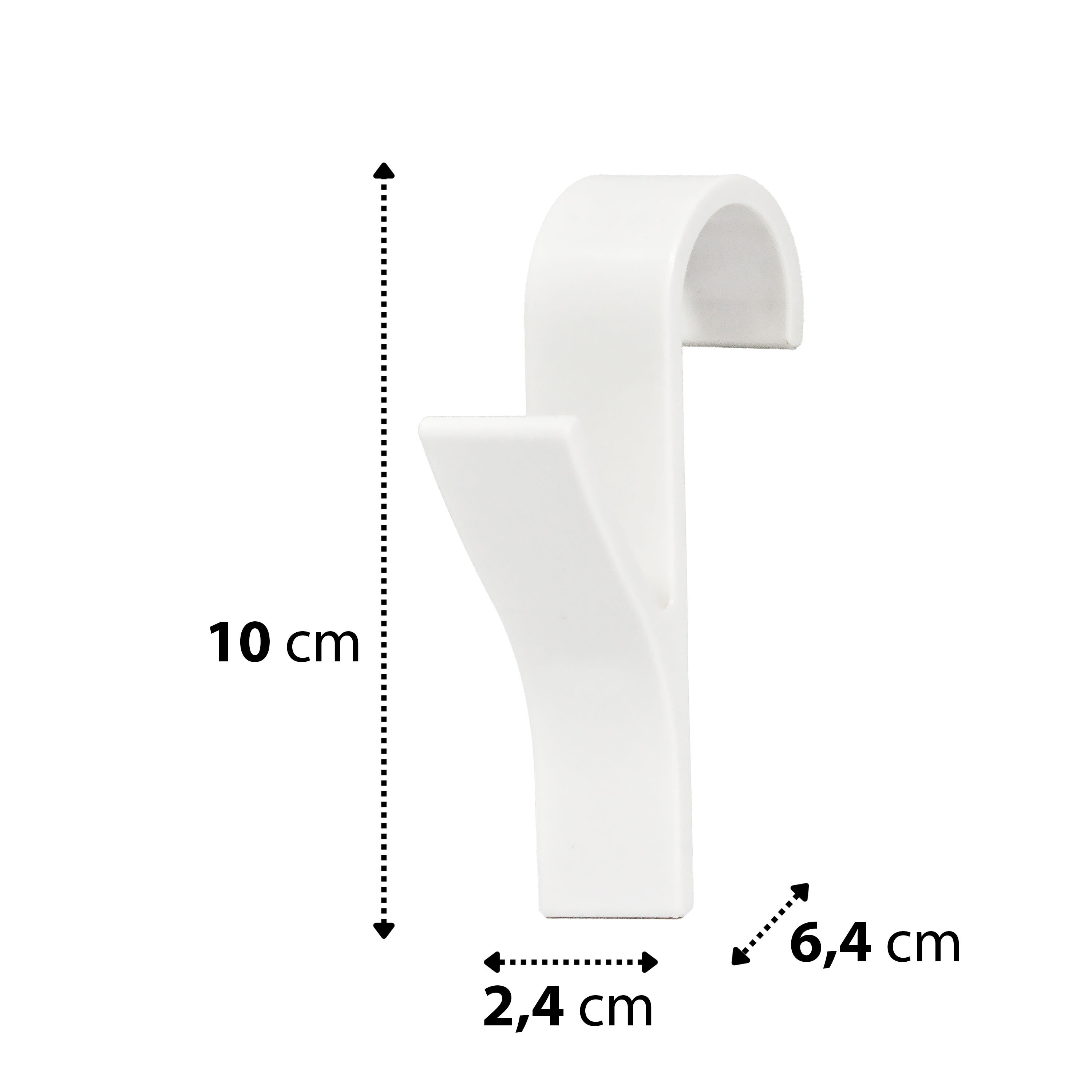 Biały haczyk łazienkowy o wymiarach 10 cm wysokości, 2,4 cm szerokości i 6,4 cm głębokości, przeznaczony do zawieszenia na grzejniku.