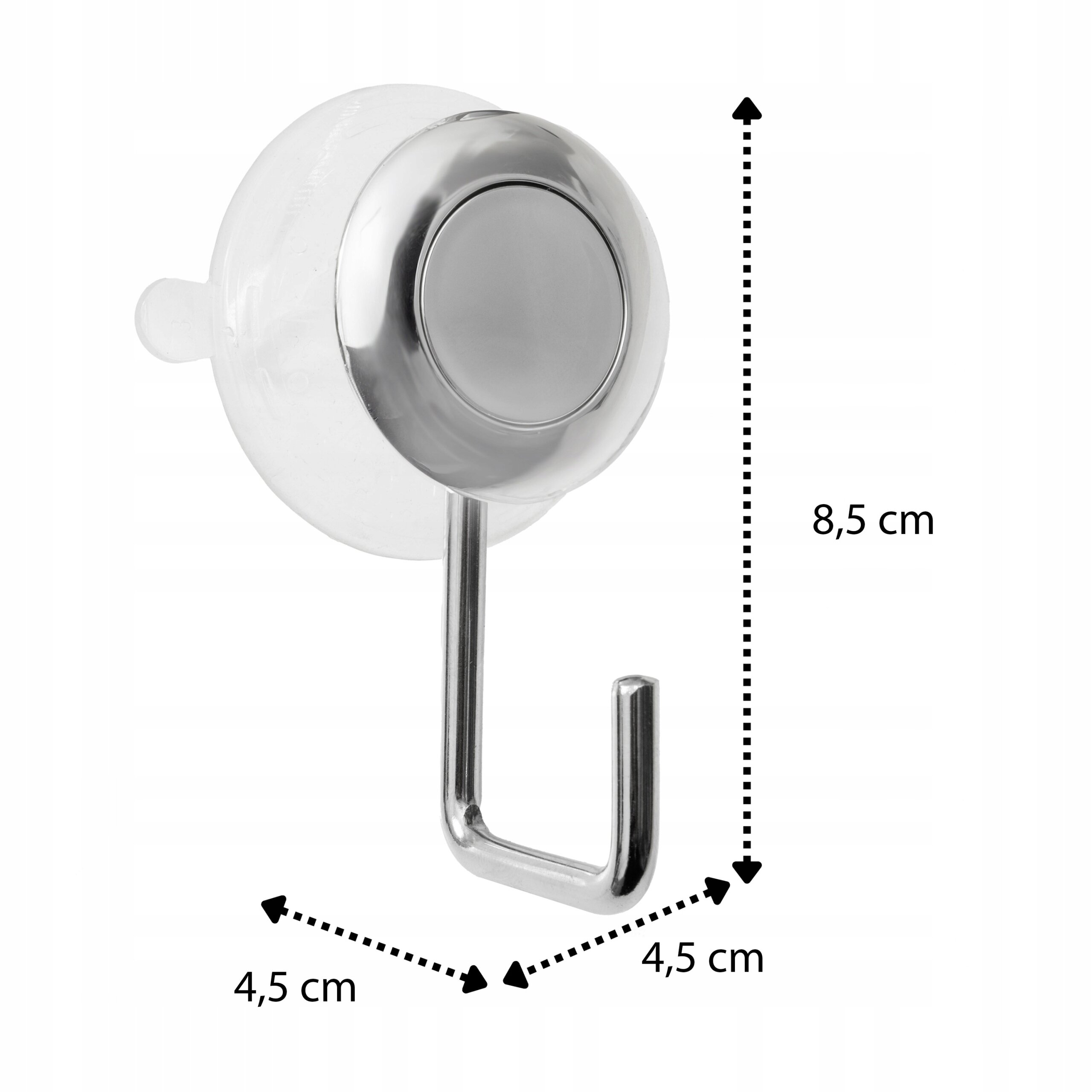 Srebrny haczyk z przyssawką do szyb, z wymiarami 8,5 cm wysokości i 4,5 cm szerokości. Haczyk ma okrągłą przyssawkę i prosty, zakrzywiony uchwyt.