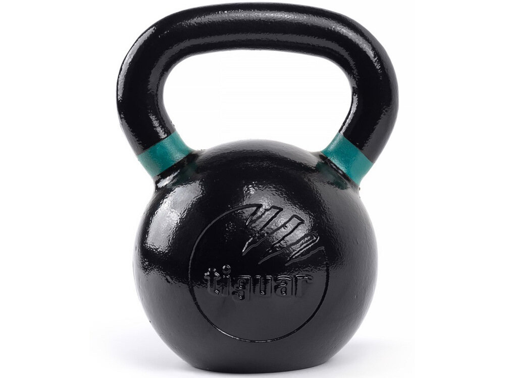 Czarny kettlebell z zielonym akcentem na uchwycie, z widocznym logo \'tiguar\' na przedniej części.
