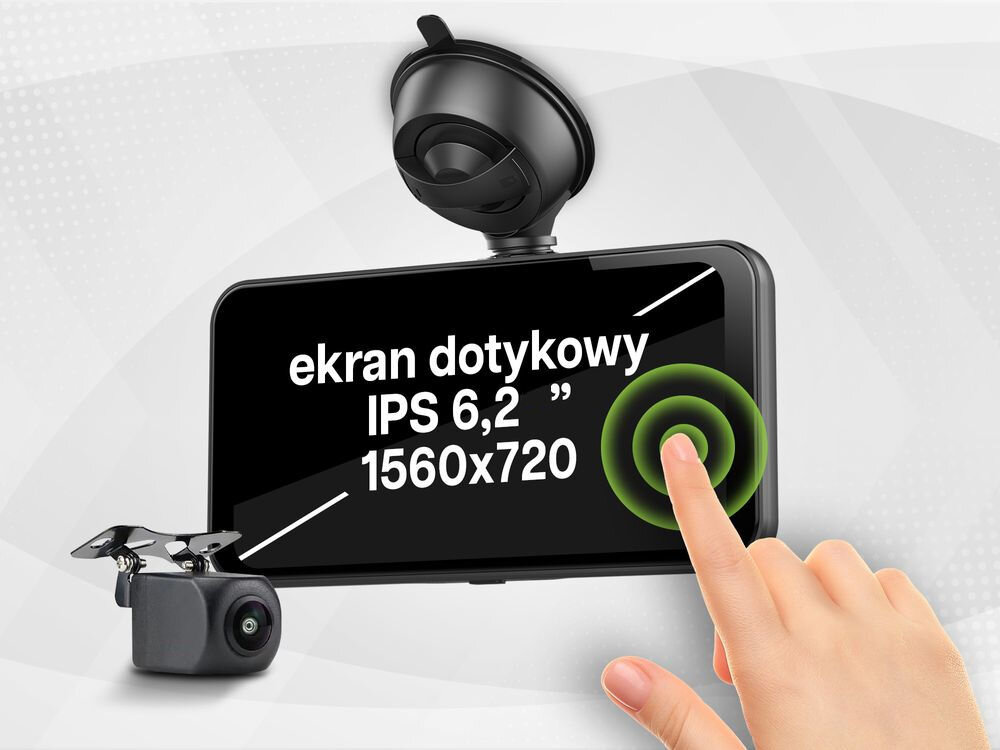 Obraz przedstawia samochodowy tablet multimedialny z ekranem dotykowym IPS 6,2 cala o rozdzielczości 1560x720, obok którego znajduje się kamera. Na ekranie widoczny jest tekst: \'ekran dotykowy IPS 6,2” 1560x720\'.