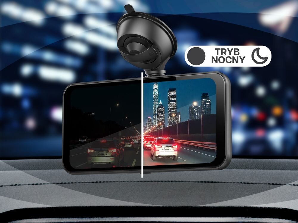 Obraz przedstawia samochodowy tablet multimedialny z widokiem na drogę, podzielony na tryb dzienny i nocny. Obok znajduje się ikona z napisem \'TRYB NOCNY\'.