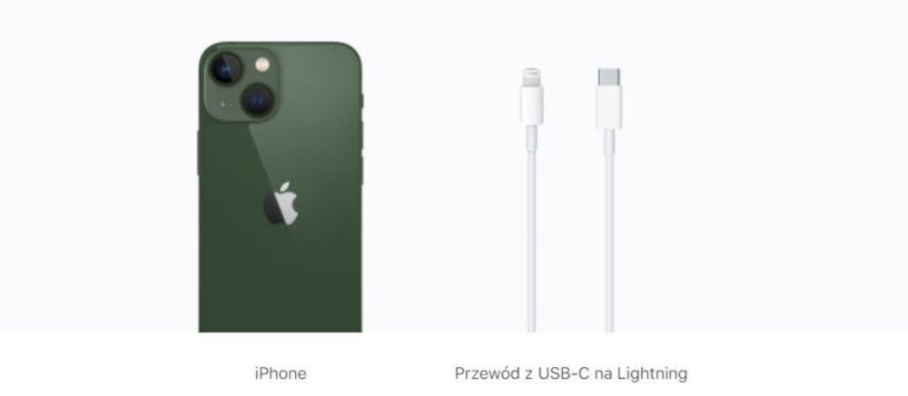 Obraz przedstawia zielony smartfon z logo jabłka oraz biały przewód z USB-C na Lightning. Pod spodem widnieją napisy: \'iPhone\' oraz \'Przewód z USB-C na Lightning\'.