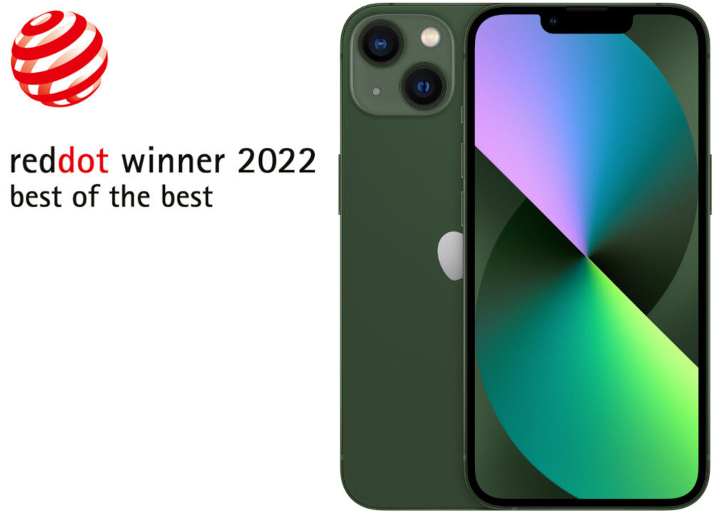 Zielony smartfon z widocznym logo producenta, z przodu ekran z kolorową grafiką. Obok znajduje się tekst: \'reddot winner 2022 best of the best\'.