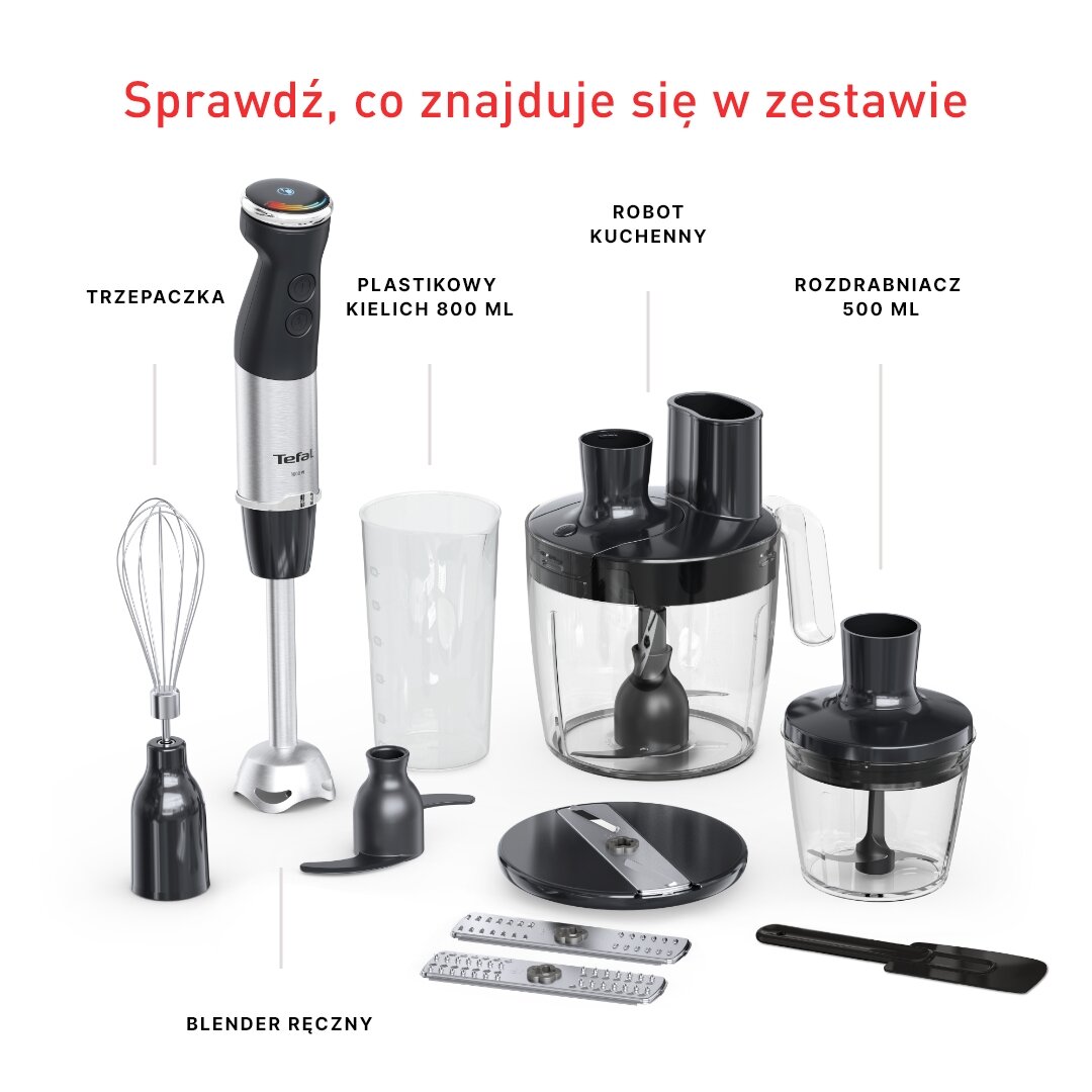 Na obrazie znajduje się zestaw akcesoriów do blendera, w tym trzepaczka, plastikowy kielich 800 ml, robot kuchenny, rozdrabniacz 500 ml oraz blender ręczny. Widoczny jest również tekst: \'Sprawdź, co znajduje się w zestawie\'.