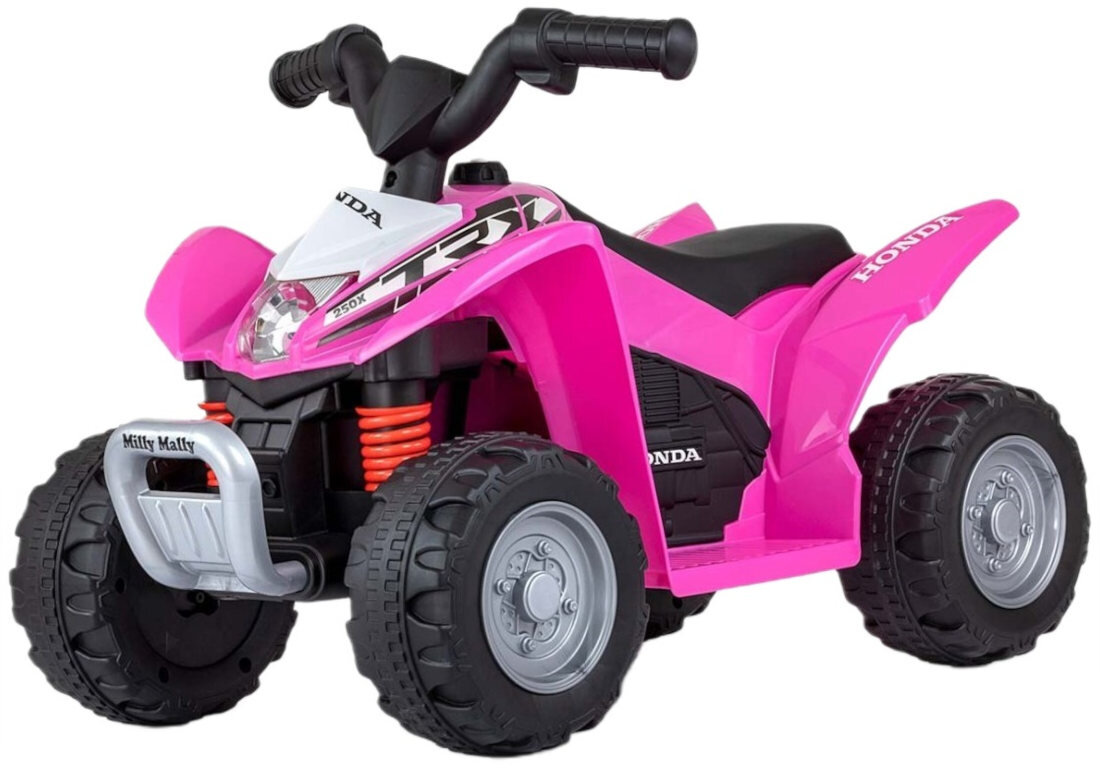 Różowy quad elektryczny dla dzieci z czterema dużymi kołami i czarnym siedzeniem. Na pojeździe widoczne są napisy: \'Honda\', \'TRX\', \'250X\' oraz \'Milly Mally\'.
